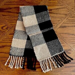 Handmade Scarf Black and Tan Check/ Colorblock Acrylic Woven Soft 7.5 x 68 in